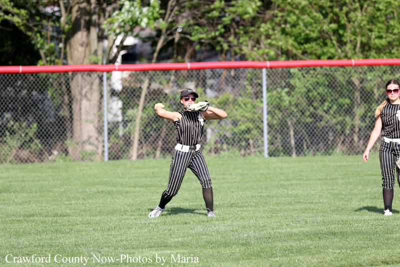 Softball pitcher in a black pinstripe uniform mid-pitch on a sunny field, teammate standing nearby with a fence and trees in the background.