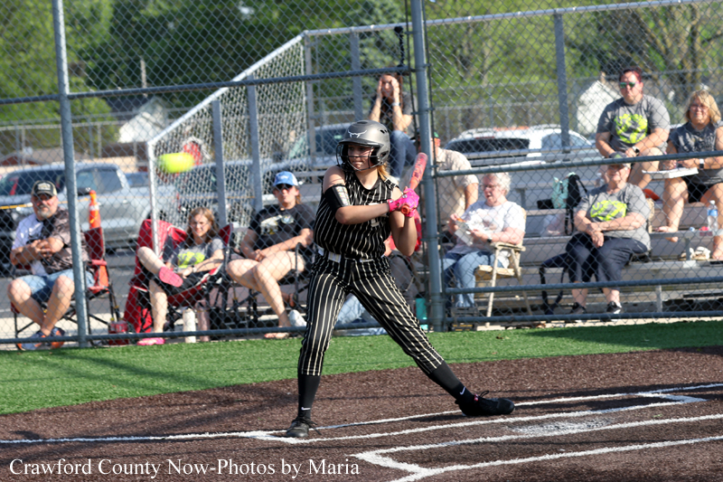 Girl in pinstriped softball uniform at home plate, ready to swing; crowd behind a chain-link fence.
