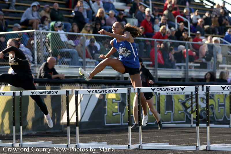 Female hurdler in a blue jersey clears a hurdle during a track race as spectators watch from the stands nearby.