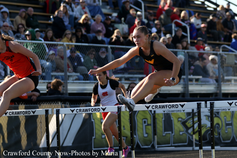 Female athlete in black uniform clears a hurdle mid-race at an outdoor track meet, with spectators in the stands behind.
