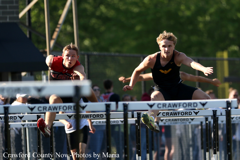 Two male hurdlers leap over hurdles in an outdoor track race, with a green field and spectators in the background.