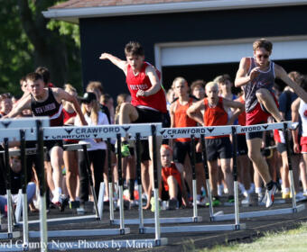 Several teenage runners leap over hurdles in a track race as a crowded group of spectators watches from behind the barriers.