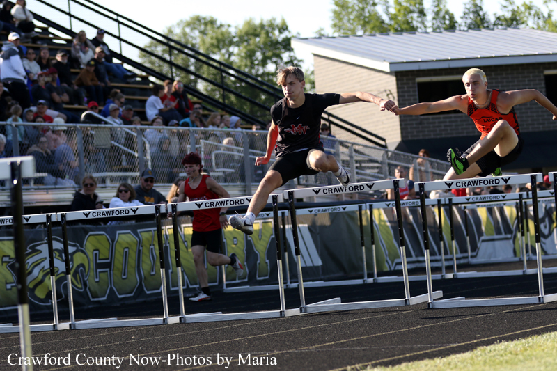 Two male hurdlers leap over barriers on an outdoor track as spectators watch from the stands, mid-race action in sunlight.