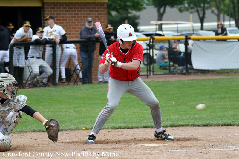 Batter in a red jersey and white helmet swings at a pitch at home plate; catcher crouches nearby as spectators watch behind the fence.