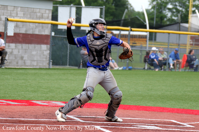 Baseball catcher in gear throwing a ball on the dirt field, blue jersey, gray pants, helmet and chest protector visible, crowd in background.