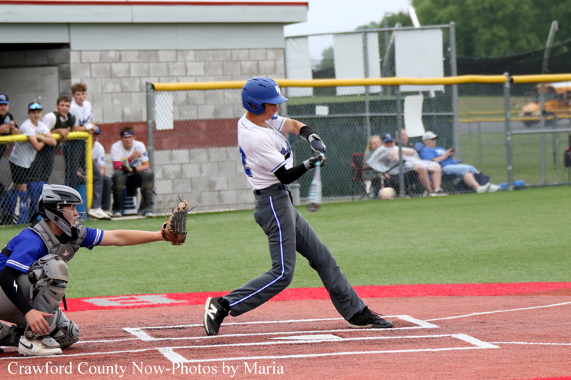 Baseball batter in a white uniform swings at a pitch while the catcher in blue crouches behind home plate; spectators sit near the fenced field in the background.