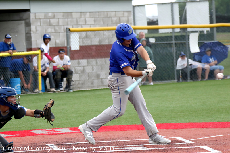 Youth baseball batter in blue uniform swings a light-blue bat, catcher crouched behind him, spectators and dugout in background.