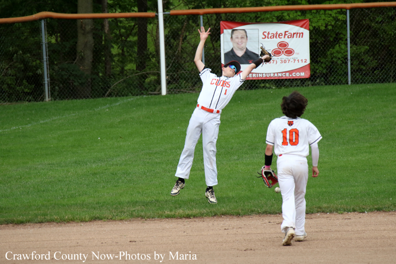 A young baseball player in a Cubs uniform leaps to catch a ball over a grassy field, another player wearing number 10 watches nearby with a glove on his hip.