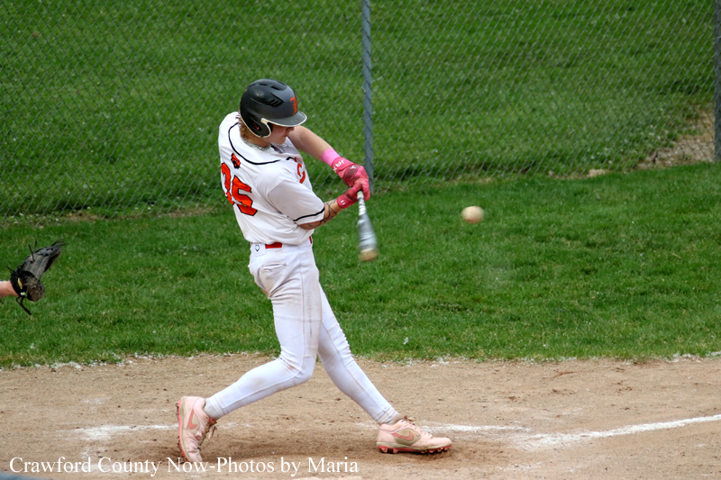 Young baseball batter in white uniform swings at a pitch, pink gloves, helmet on, ball midair nearby on a dirt infield with green grass behind fence.