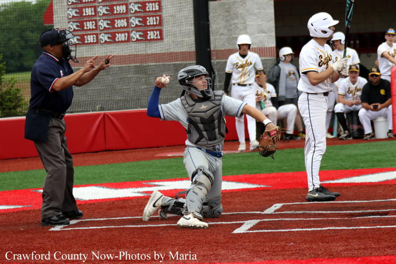 Baseball catcher kneels at home plate, celebrating a score as the umpire signals; batter and teammates watch in the background in white uniforms.