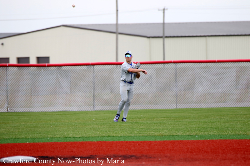Baseball fielder in gray uniform reaches to catch a fly ball near the outfield fence on a sunny day.