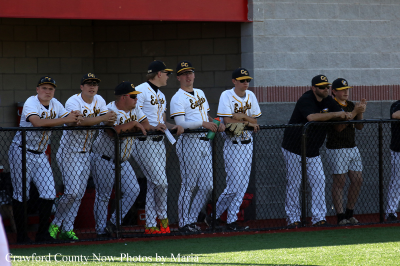 Baseball players in white uniforms leaning on a dugout railing behind a chain-link fence, watching the game.