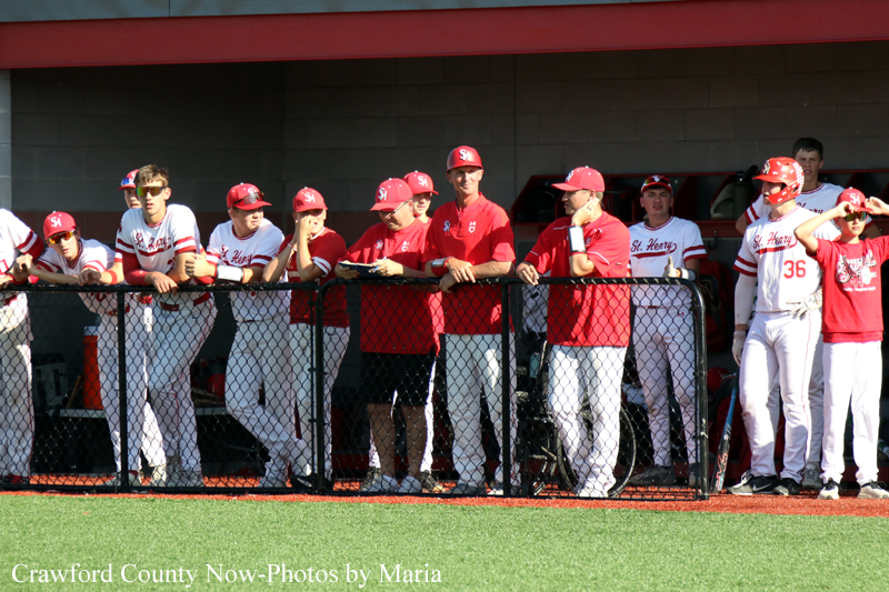 Baseball team standing along dugout railing in red and white uniforms.