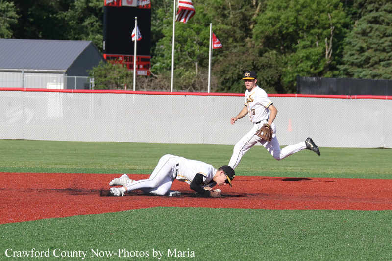 Baseball play: a fielder dives to field the ball while a runner advances on the dirt infield area.