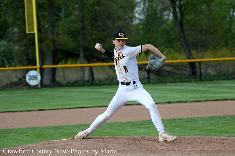Right-handed pitcher in white and black uniform mid-throw on the baseball mound during a game on a green field.