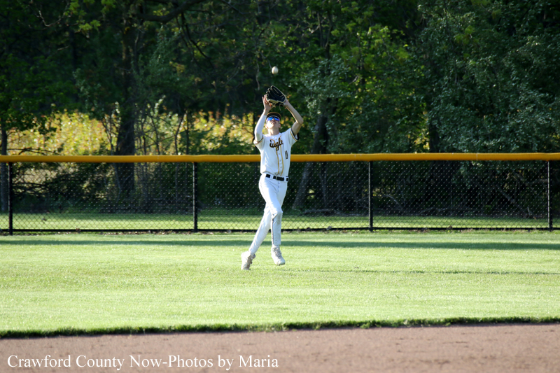 Baseball player in white uniform leaps to catch a fly ball above the outfield grass, with a fence and trees in the background.