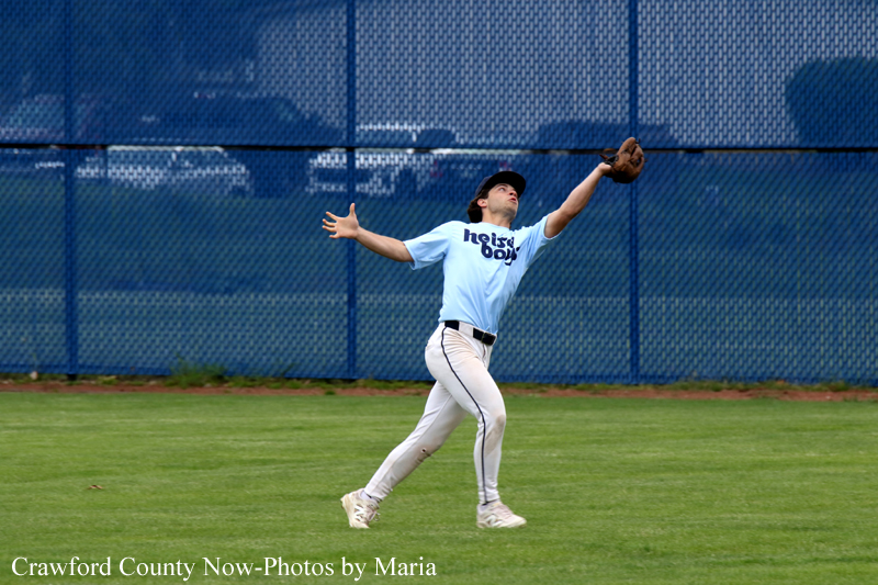 Baseball outfielder in a light blue uniform leaps to catch a ball with glove extended on a green field, blue fence behind him.