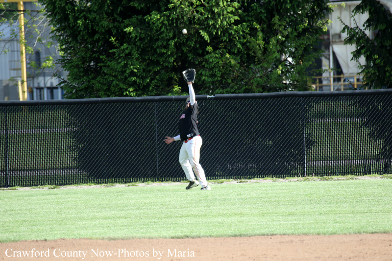 Baseball fielder reaches up with glove to catch a ball near the outfield fence during a game.