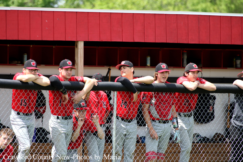 Youth baseball players in red jerseys leaning on a dugout railing during a game in progress.