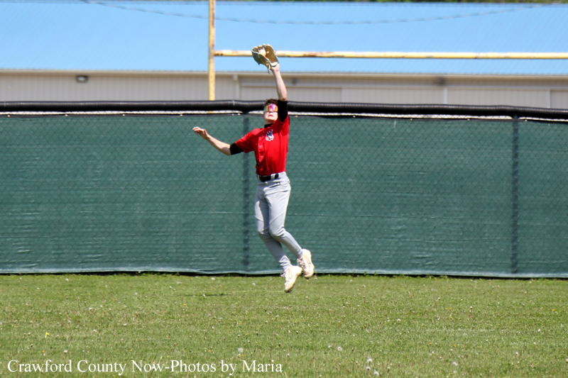 Baseball player in a red jersey leaps to catch a ball with a glove raised above a green outfield fence on a sunny field.