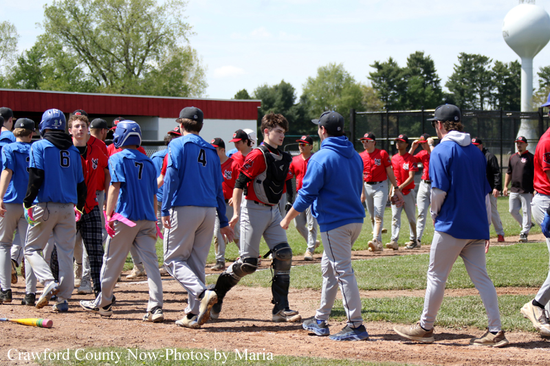 Youth baseball players in blue and red uniforms line up on the infield after a game on a sunny day, shaking hands and exchanging thanks.