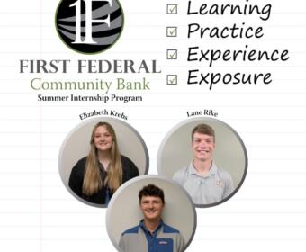 Promotional poster for First Federal Community Bank Summer Internship Program featuring three intern headshots and a notebook-themed background.