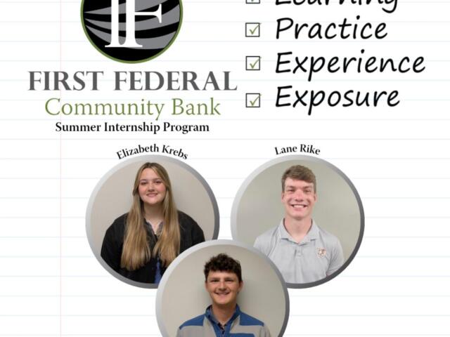 Promotional poster for First Federal Community Bank Summer Internship Program featuring three intern headshots and a notebook-themed background.