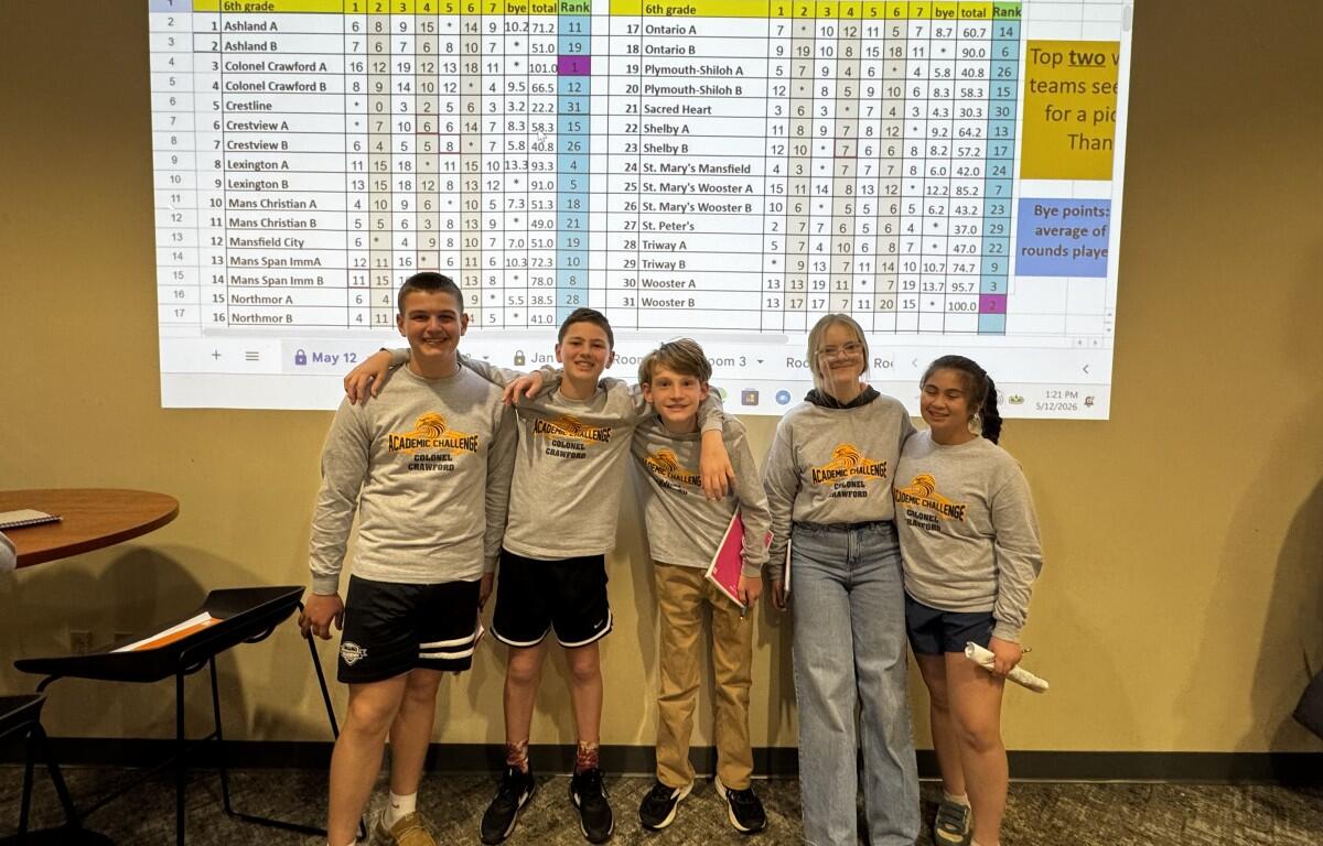 Five children in gray Academic Challenge shirts pose with arms around each other in front of a projected spreadsheet on a yellow wall.