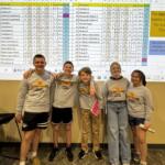Five children in gray Academic Challenge shirts pose with arms around each other in front of a projected spreadsheet on a yellow wall.