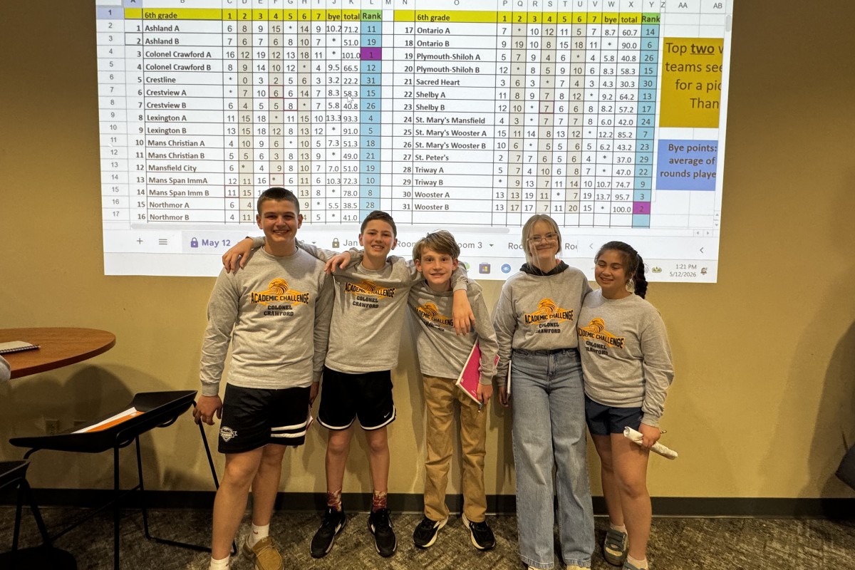 Five children in gray Academic Challenge shirts pose with arms around each other in front of a projected spreadsheet on a yellow wall.