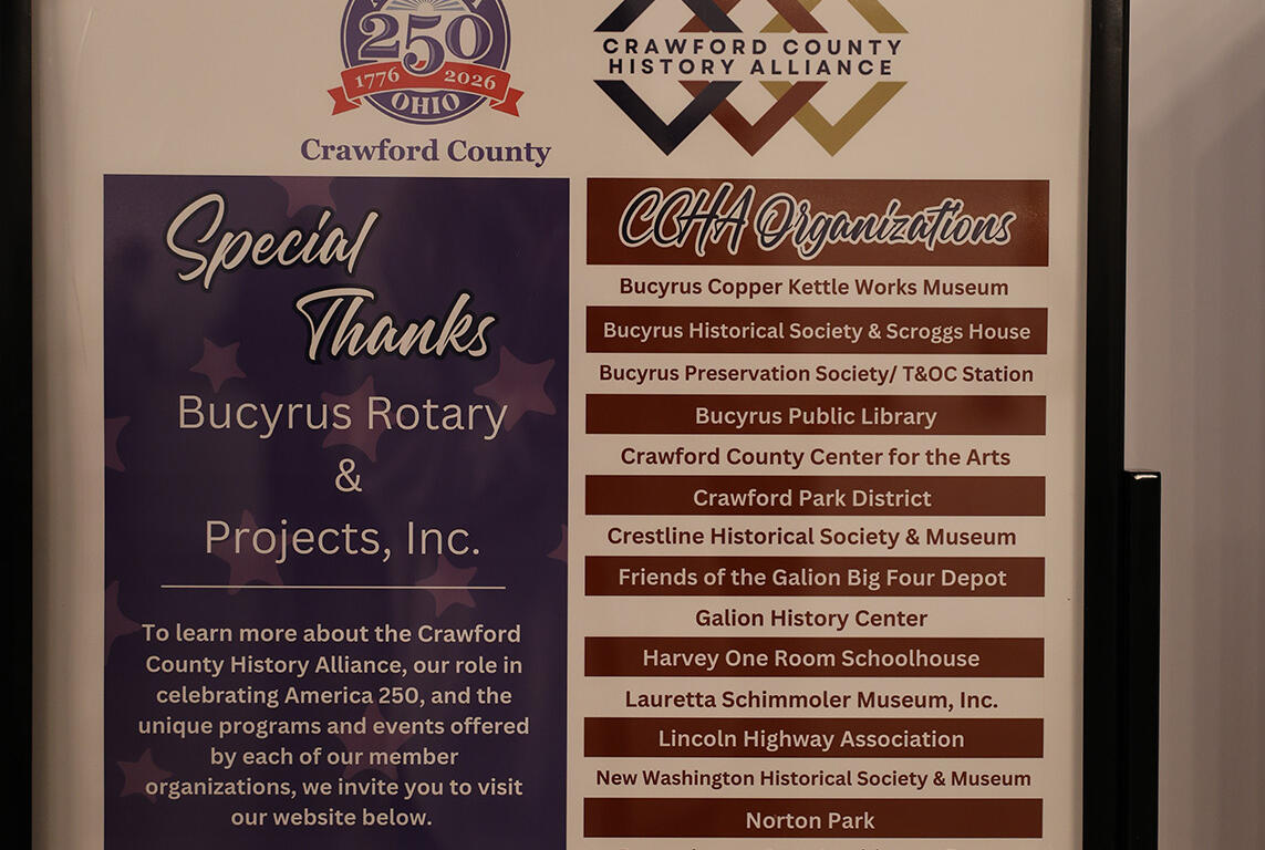Informational poster for the Crawford County History Alliance showing its partners and supporters, with logos and a long list of organizations.