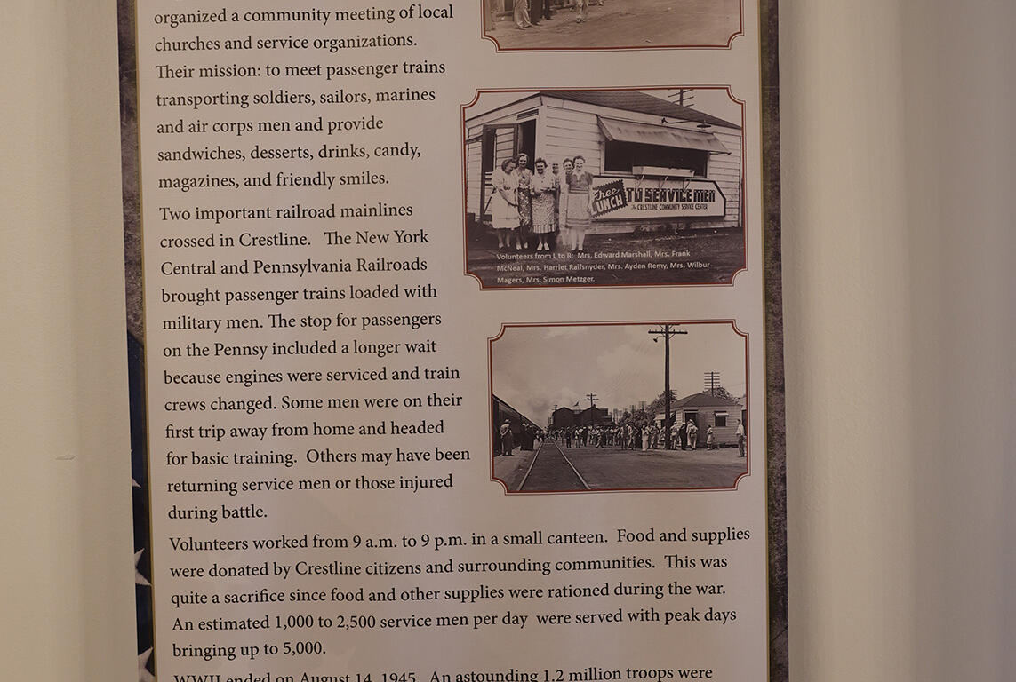 Informational vertical banner about Crestline's WWII Canteen, with historical photos and descriptive text from Crestline Historical Society and Museum.