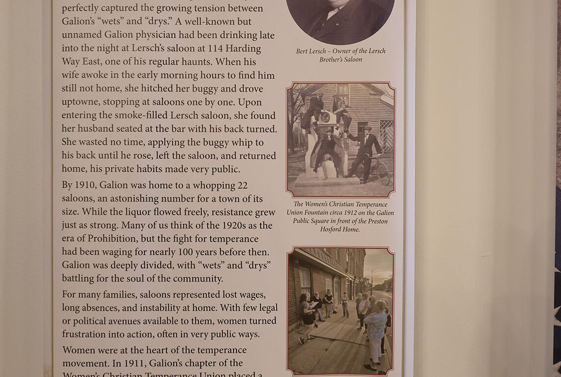 Vertical banner from Galion History Center titled 'When The Buggy Whip Cracked: Galion's Battle Over Prohibition,' with a left text column and right-side images including a portrait of Bert Lersch and a couple of historical photos about temperance.