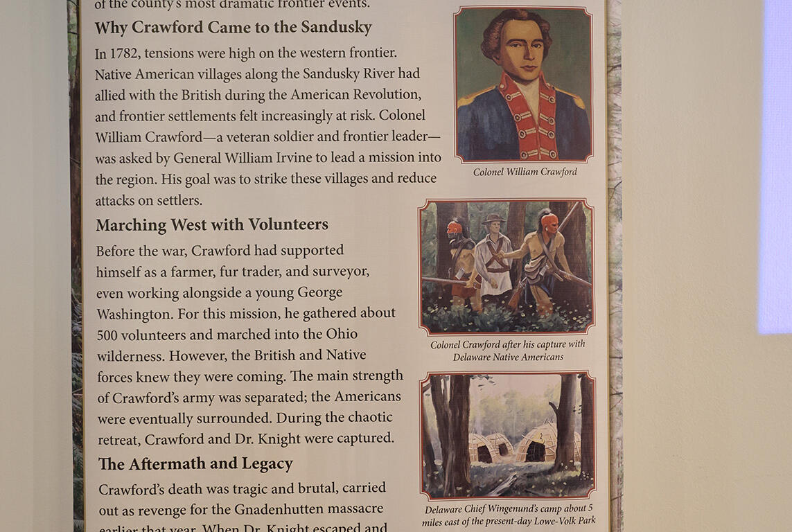 Banner about Colonel William Crawford from Crawford Park District with historical text and portraits; includes images of Crawford and Delaware Native Americans with a map section.