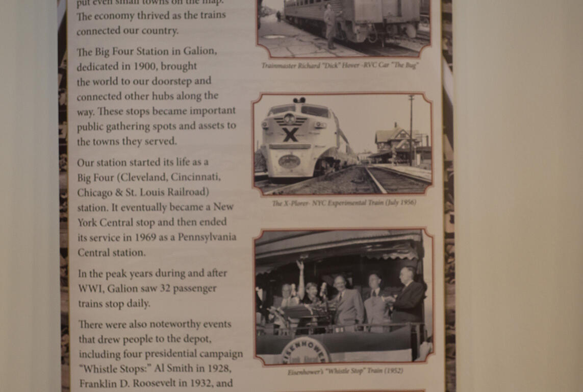 Vertical banner titled Remembering Passenger Rail with historic train photos and narrative text about rail history.