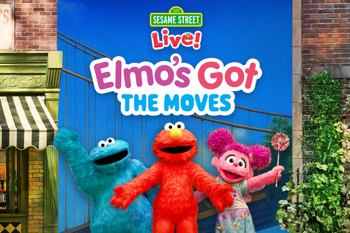 Poster for Sesame Street Live: Elmo's Got the Moves featuring Grover (blue), Elmo (red), and Abby Cadabby (pink) posing with arms outstretched on a bright blue background