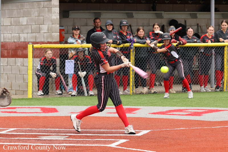 Softball batter swings at a pitch at home plate as the ball nears him, with teammates and spectators watching behind a yellow fence.