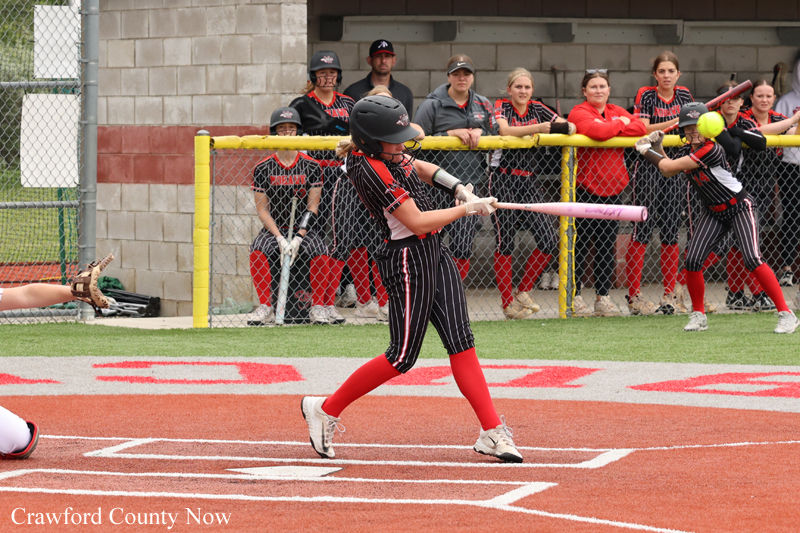 Female softball batter in black-red uniform swings a neon-pink bat during a game, teammate in background watching behind a chain-link fence.