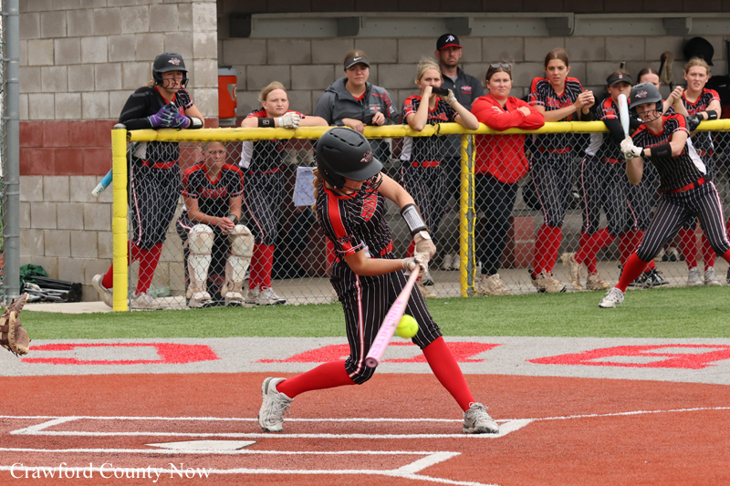 Batter in black-and-red uniform swings at a pitch at home plate, teammates and fans watching behind a chain-link fence in the dugout area.