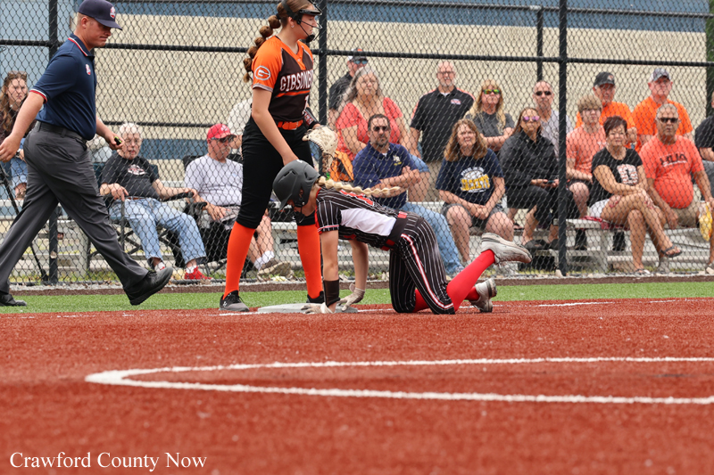 A baseball/softball runner slides headfirst into home plate as the catcher attempts to tag him, with umpire and players watching from the field's edge.