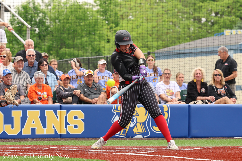 Female softball batter in black jersey and pinstripe pants swings at a pitch at home plate as spectators watch behind the fence.