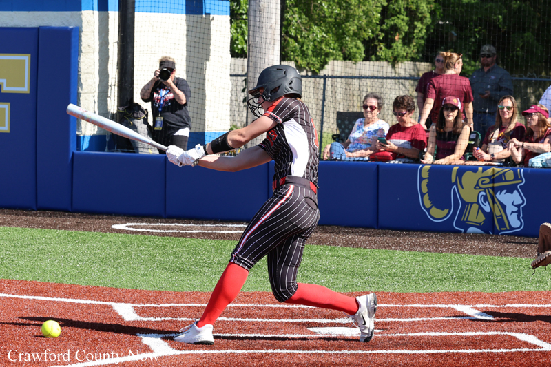 Female softball player in a pinstripe uniform swings a bat at a ball, with spectators watching from behind the fence during a game.