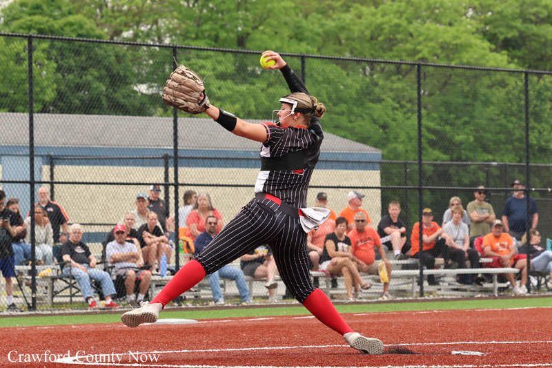 Softball pitcher in a black pinstripe uniform throws a pitch on the red infield, crowd seated behind a chain-link fence.",