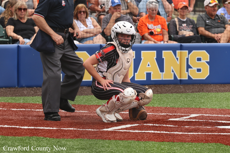 Youth softball catcher in white helmet and protective gear crouches at home plate as an umpire stands nearby and spectators watch.