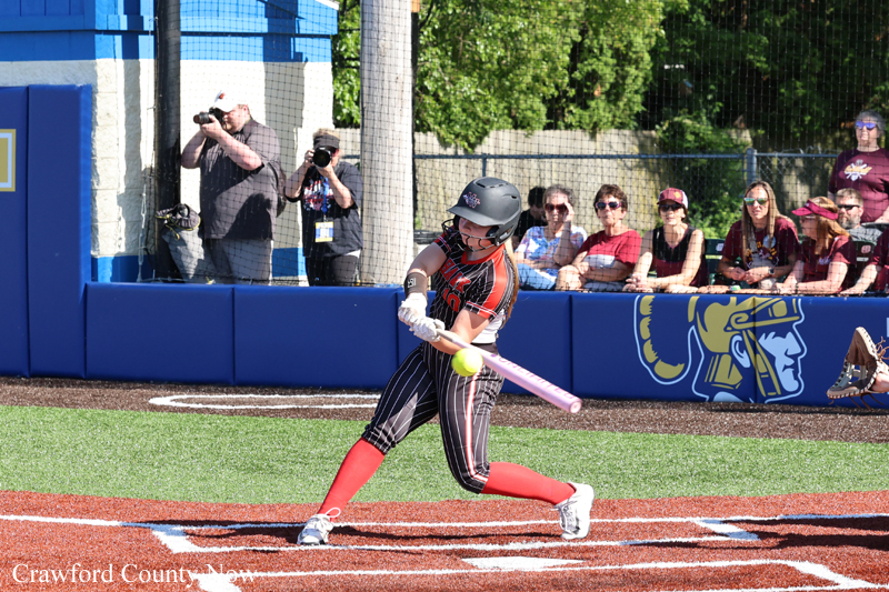 Softball batter wearing a helmet and red-and-black uniform swings at a pitch on a dirt field, with spectators and photographers watching from the stands behind a blue fence.