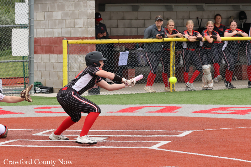 Softball batter in a black uniform swings at a pitch near home plate with teammates watching from the dugout in the background.