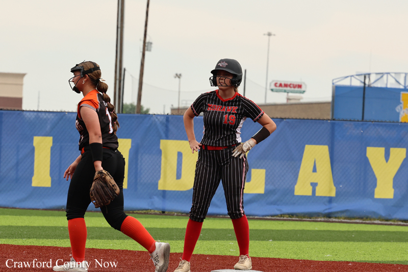 Two female softball players stand on the field; one in a pinstripe black uniform with #19 and red socks, helmet on. A teammate walks nearby.