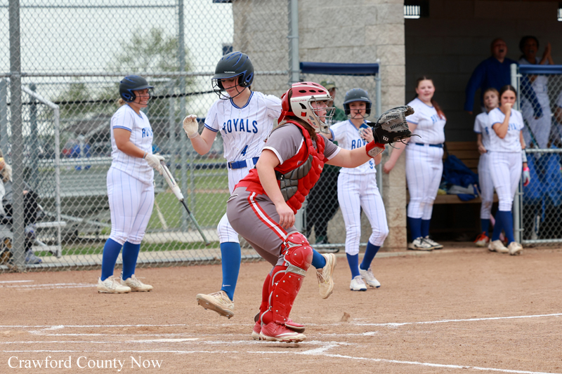 Softball play at home plate: a red-clad catcher reaches toward a sliding baserunner in a white Royals uniform, as teammates watch from the dugout/field.]