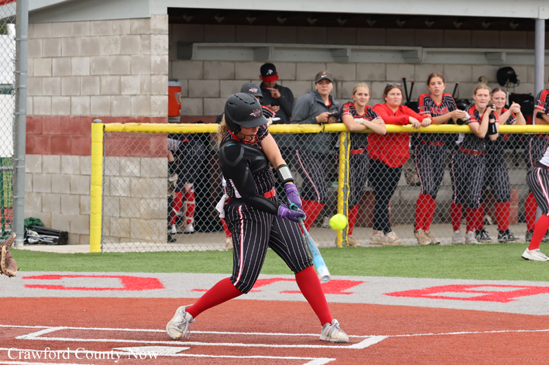 Softball batter in black uniform swings at a pitched ball, red socks, purple gloves, on a dirt field with fans watching behind the fence.