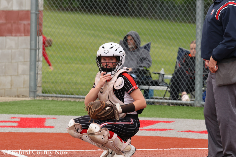 Youth softball catcher in gear crouches behind home plate, wearing helmet and chest protector, ready to field.